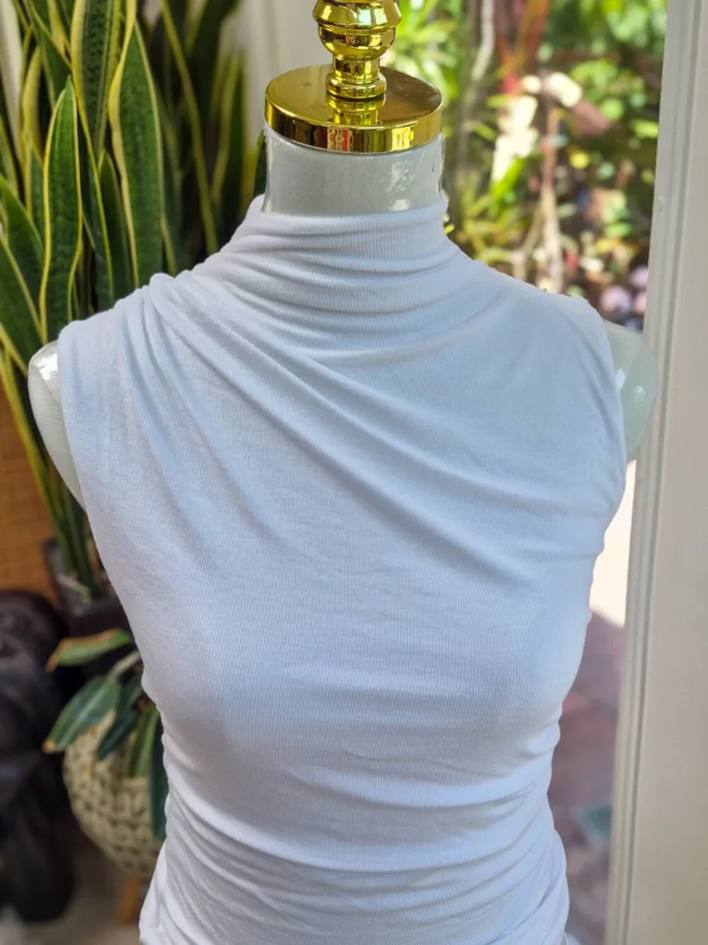 Veronica Beard Mylie Mock Neck Sleeveless Top, Ruched Side in White - Picture 3 of 3